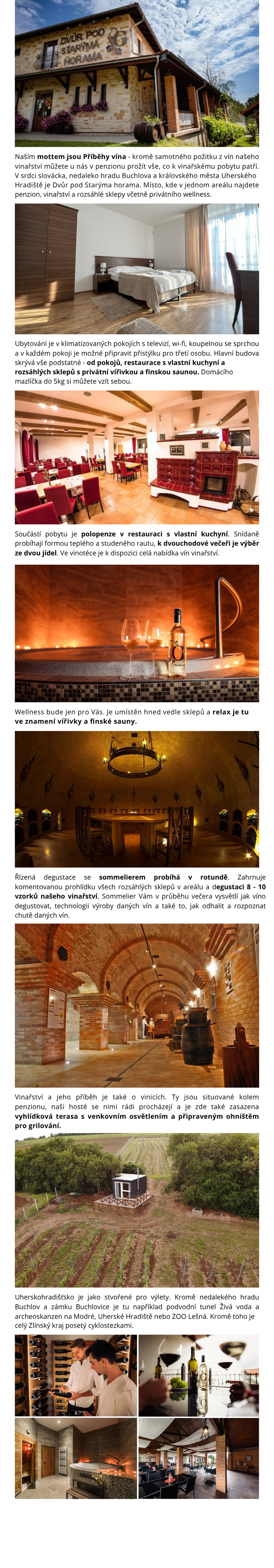 Naším mottem jsou Příběhy vína - kromě samotného požitku z vín našeho vinařství můžete u nás v penzionu prožít vše, co k vinařskému pobytu patří. V srdci slovácka, nedaleko hradu Buchlova a králov